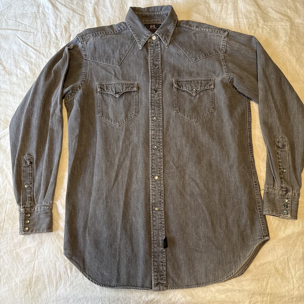 RRL Ralph Lauren Buffalo Western Pearl Snap Black Stone Wash Denim Shirt Men S